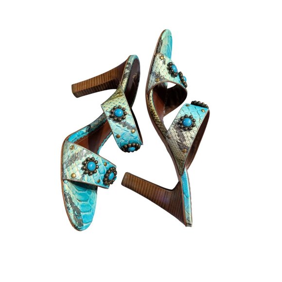 J Vincent Turquoise Heels Sandals w/ Snake Print Pattern & Beaded Details Sz 10 - Picture 2 of 6